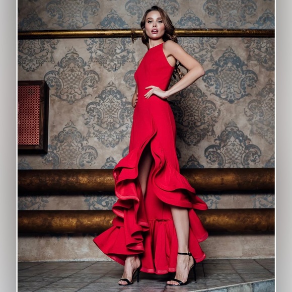 NWT- Betsy & Adam Crepe Tiered Ruffled Red Gown Gorgeous! 14 Petite - Picture 5 of 12